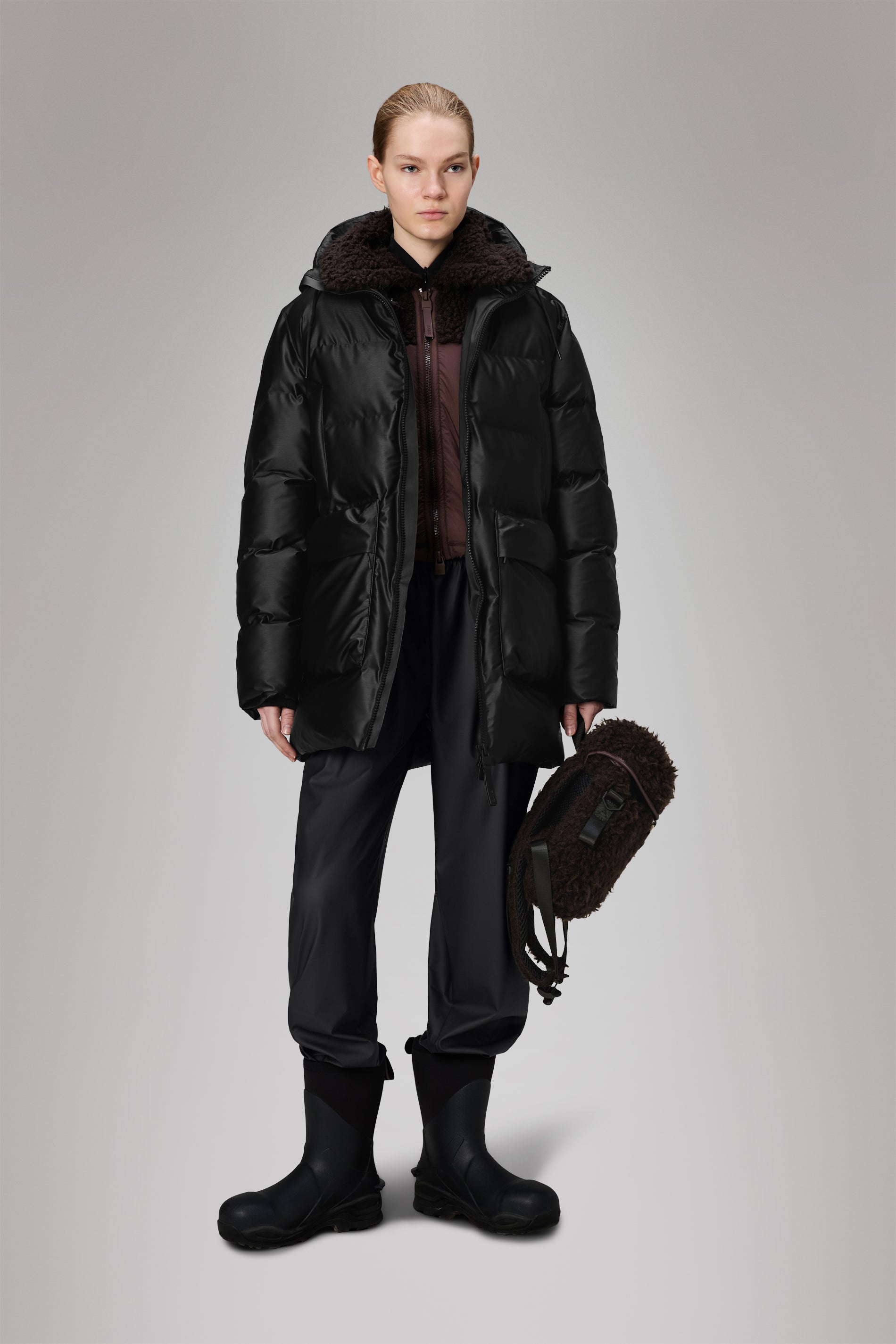 RAINS Alta Long Puffer Cargo Jacket Black Grain Jacket