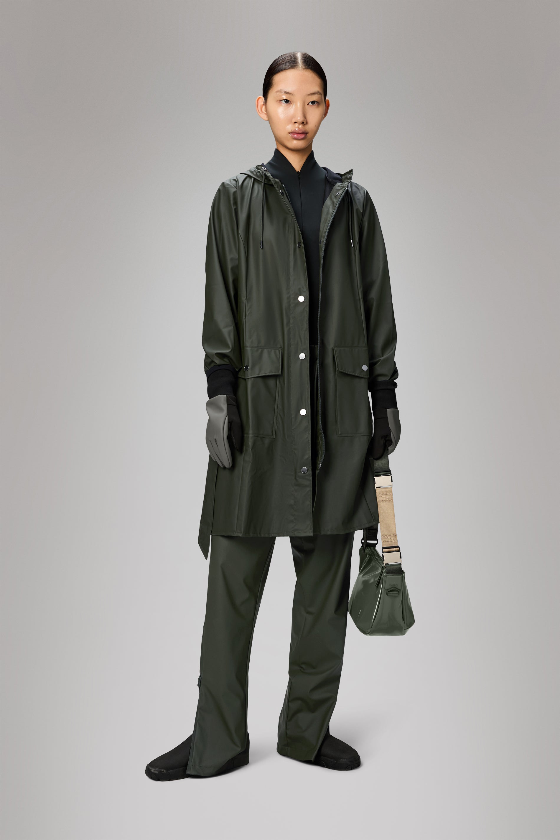 Rains Curve Long Jacket
 Green Jacket